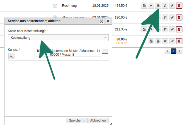 Leistung kopieren zur Kostenteilung Leistung kopieren zur Kostenteilung