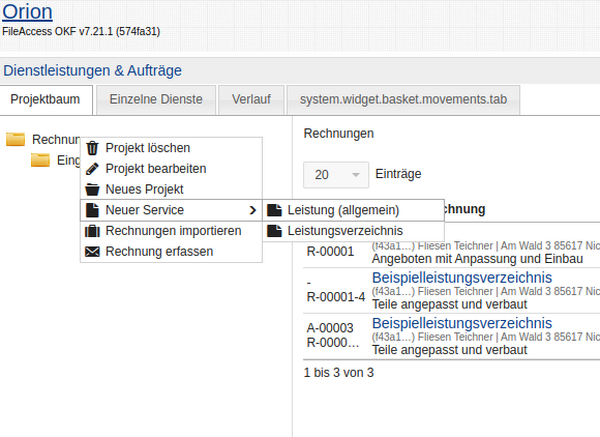 Leistungsart auswählen im Kontextmenu Leistungsart auswählen im Kontextmenu